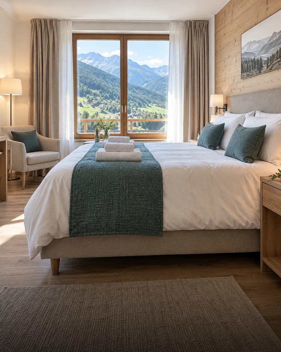 Camera di hotel con letto preparato e biancheria pulita