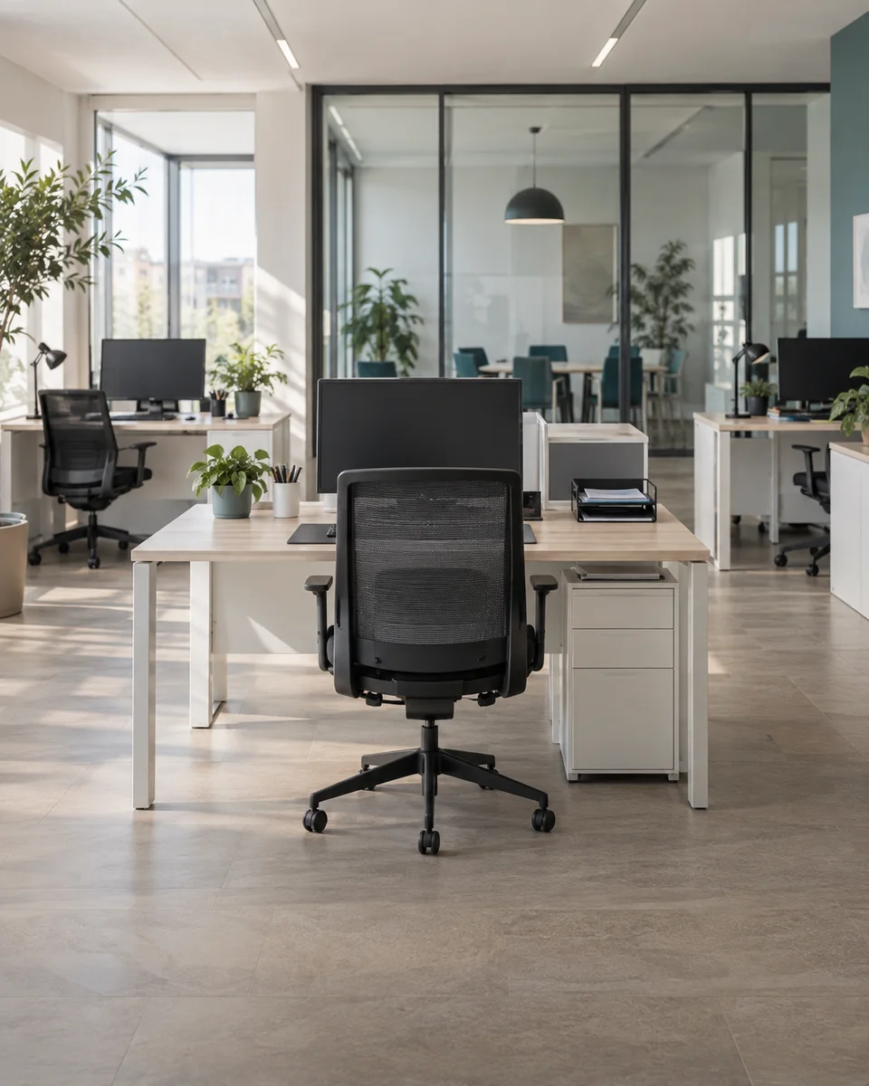 Ufficio ordinato con scrivanie, sedute e sala riunioni
